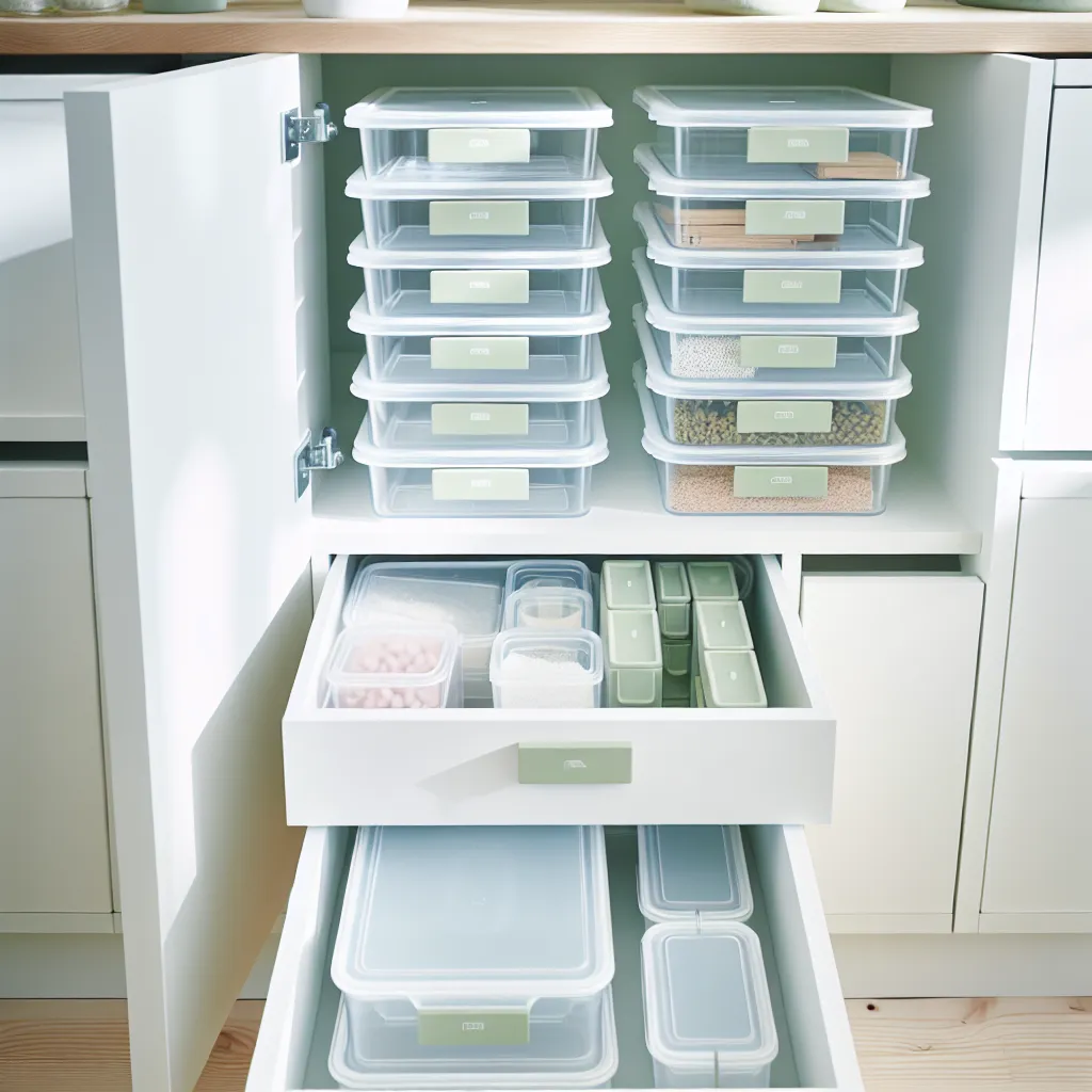 Stackable clear storage containers in organized kitchen drawer