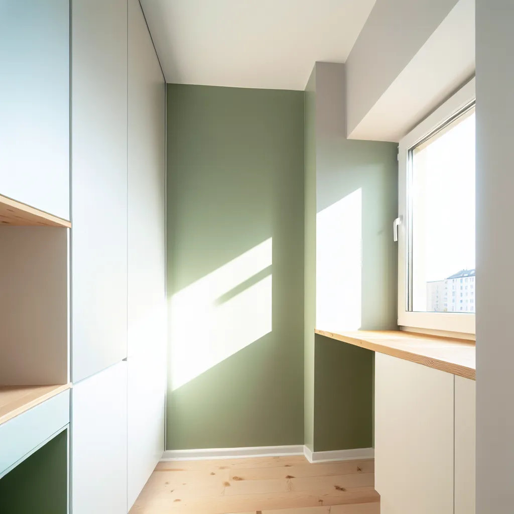 Modern compact apartment kitchen with bright natural daylight