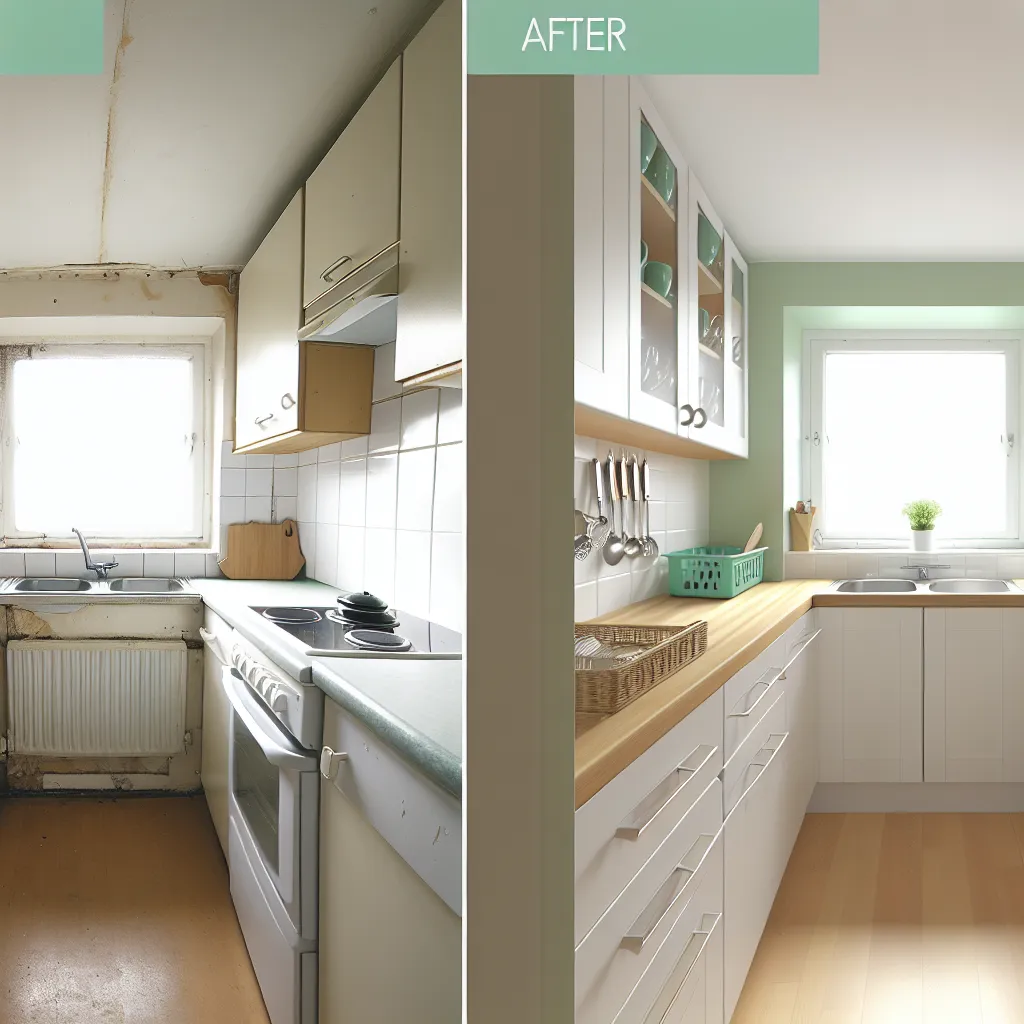 Before and after kitchen transformation showing space improvements